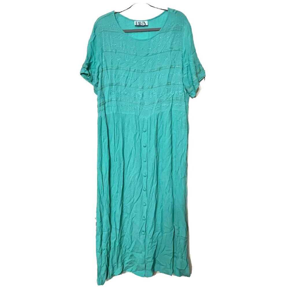Vintage 90s BFA Classics Gauze Maxi Dress Green Embroidered Button Front Large